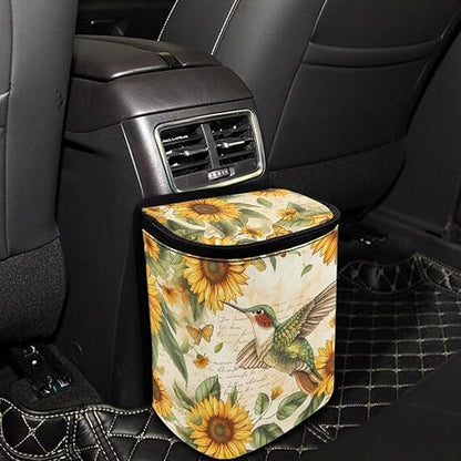BIGCARJOB Hummingbird Sunflower Car Trash Bin Hanging Accessories Storage Bag for Women Girly Cute With Lid Collapsible Reusable