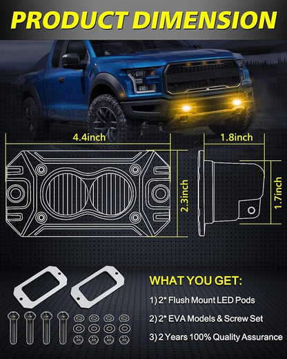 Amber Flush Mount LED Pods, AKD Part Flood CREE LED Flush Mount Fog Lights 40W Amber Chase Lights Bumper Driving Backup Reverse Light Pods for Trucks Pickup SUV UTV ATV Snowmobile
