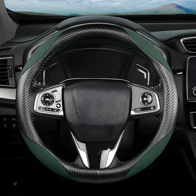 Steering Wheel Cover for Women and Men, Carbon Fiber Plush Steering Wheel Cover Soft Anti-Slip Comforting, Universal 15 Inches Steering Wheels Accessories (Carbon Fiber Black/Green)