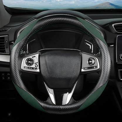 Steering Wheel Cover for Women and Men, Carbon Fiber Plush Steering Wheel Cover Soft Anti-Slip Comforting, Universal 15 Inches Steering Wheels Accessories (Carbon Fiber Black/Green)