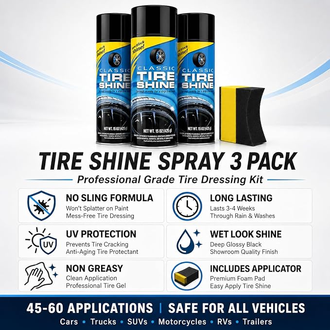 Tire Shine Spray 3 Pack High Gloss Wet Look UV Protection 15oz w/Pad | Professional-grade formula resists water and rain. Safe for all rubber types. Prevents cracking and fading from sun damage.