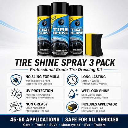 Tire Shine Spray 3 Pack High Gloss Wet Look UV Protection 15oz w/Pad | Professional-grade formula resists water and rain. Safe for all rubber types. Prevents cracking and fading from sun damage.