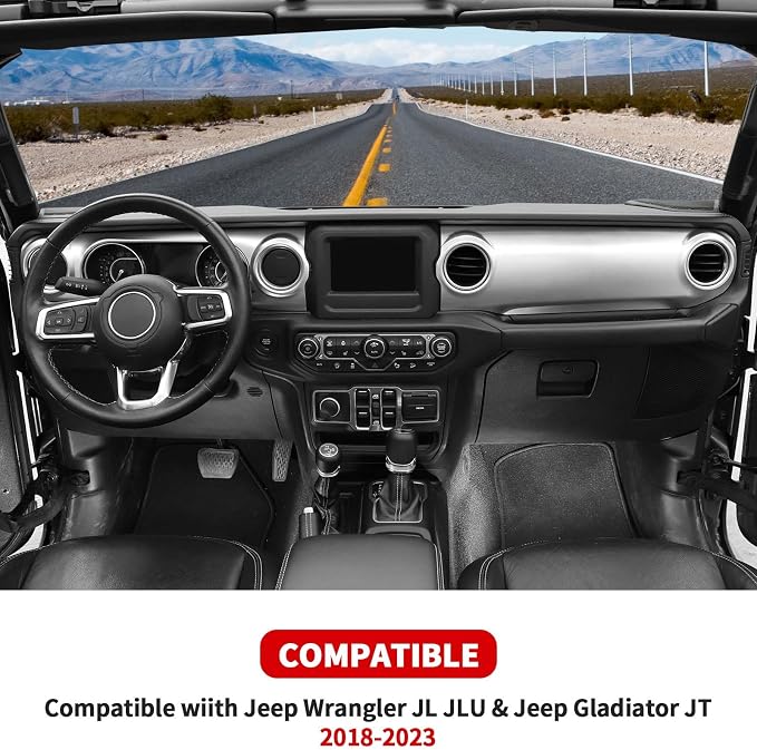 for JL Dashboard Decorative Panel Cover, Center Console Trim Cover Kit Compatible with 2018-2023 Jeep Wrangler JL JLU & Jeep Gladiator JT(Silver)