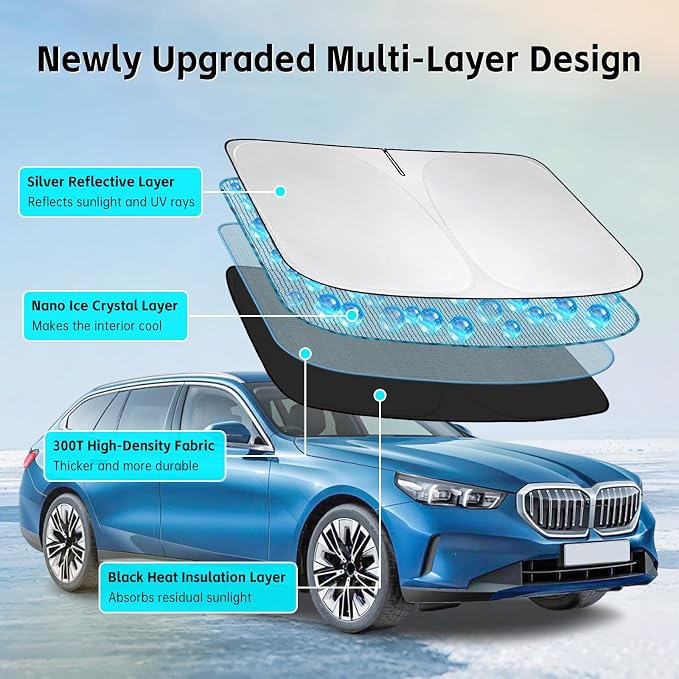 Windshield Sun Shade for BMW 5 Series 2024-2026 Sunshade 300T Windshield Cover Shield Protector Blocks UV Rays Custom Fit 5 Series Front Window Shade Windshield Accessories Keep Cool Foldable