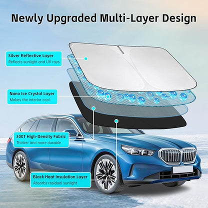 Windshield Sun Shade for BMW 5 Series 2024-2026 Sunshade 300T Windshield Cover Shield Protector Blocks UV Rays Custom Fit 5 Series Front Window Shade Windshield Accessories Keep Cool Foldable