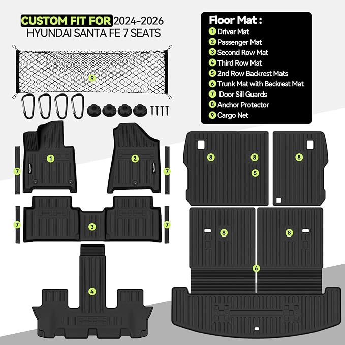 Tongama-Floor Mats for 2024 2025 2026 Hyundai Santa Fe 7 Seats, All Weather TPE Trunk Mat with Backrest Mat & 2nd Row Backrest Mats & Cargo Net & Door Sill Guards for Santa Fe Floor Liner Accessories