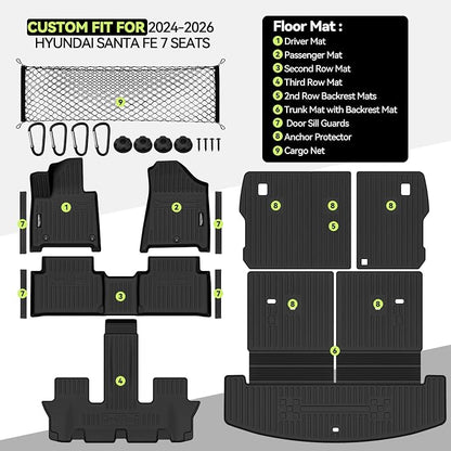 Tongama-Floor Mats for 2024 2025 2026 Hyundai Santa Fe 7 Seats, All Weather TPE Trunk Mat with Backrest Mat & 2nd Row Backrest Mats & Cargo Net & Door Sill Guards for Santa Fe Floor Liner Accessories