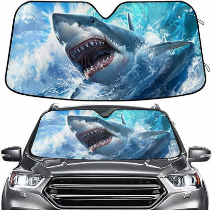 Windshield Sun Shade Cute Shark Blue Ocean Wave Front Window Block UV Shades Visor Reflective Retractable for Car SUV Trucks
