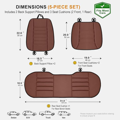 kingphenix 5-Piece Memory Foam Car Seat Cushion Set with Full Back Support Pillow, Comfort for Long Drives & Road Trips, Universal Automotive Comfort for Most Car, Van, Truck, SUV, Brown
