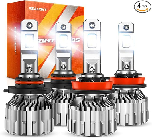 SEALIGHT 9005 H11 Bulbs Combo, 9005/HB3 H11/H9/H8 LED Bulbs 800% 140000LM Super Bright 6500K Cool White Fog Lights Bulbs and Off-Road Lights, 3 Mins Plug-N-Play, Pack of 4