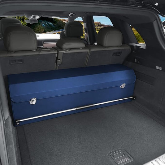 Car Trunk Organizer, Leather Trunk Organizer for Suv with Lid and Push-pull Handle Car Trunk Leather Storage Box Extra Large Cargo Storage (Blue, 41.3 x 11.4 x 12.2in)