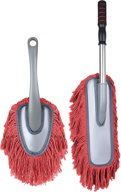 IPELY 2 Pack Large Car Duster Exterior Scratch Free with Extendable Handle and Car Duster Interior, Wax Cotton Hair Dusters (Red)