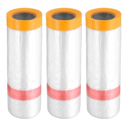 HARFINGTON 3 Rolls Pre-Taped Masking Film 43.3" x32.8ft Double Adhesive Tape and Drape Painters Plastic Drop Cloth Film with Tape Plastic Sheeting for Automotive Painting Covering