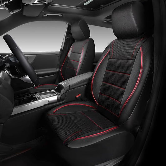 CAR PASS Mesh Leather Car Seat Covers Full Set,Breathable Mesh Faux Leather Seat Covers for Car, Universal Fit for SUV Truck Sedan Automotive, Airbag Compatible, Black and Red