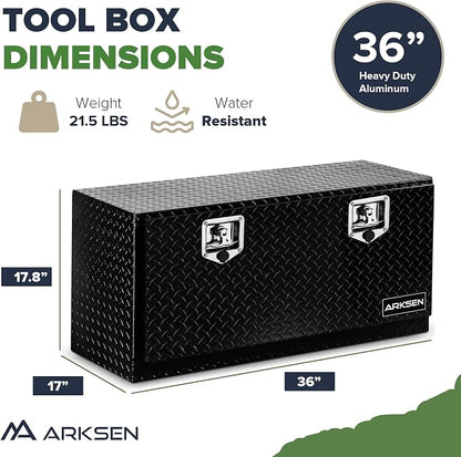 ARKSEN 36 x 17 x 18 Inch Underbody Tool Box, Heavy Duty Aluminum Diamond Plate Waterproof Square Storage Organizer Chest with T-Handle Lock & Keys for Pickup Truck, RV & Trailer – Black