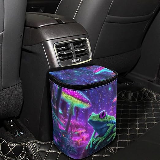 Talayituse Frog Mushroom Galaxy Print Car Trash Can with Lid, Leak Proof Auto Trash Bag Hanging Vehicle Garbage Can Multipurpose Storage Container for Back Seat Road Trip