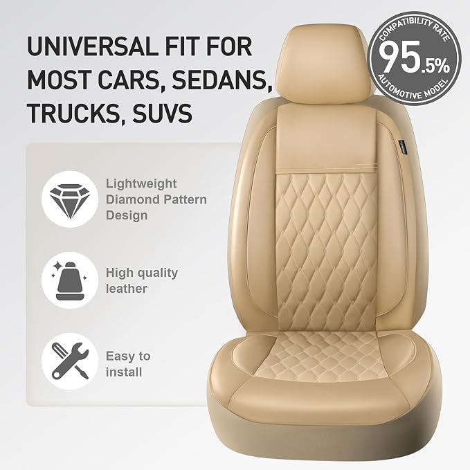 CAROMOP Faux Leather Car Seat Covers Full Set,Luxury and Comfortable Covers for Cars,Split Bench Compatible Car Interior Covers,Universal Fit for Suvs,Vans,Trucks,Airbag Compatible(5-Seat Beige)