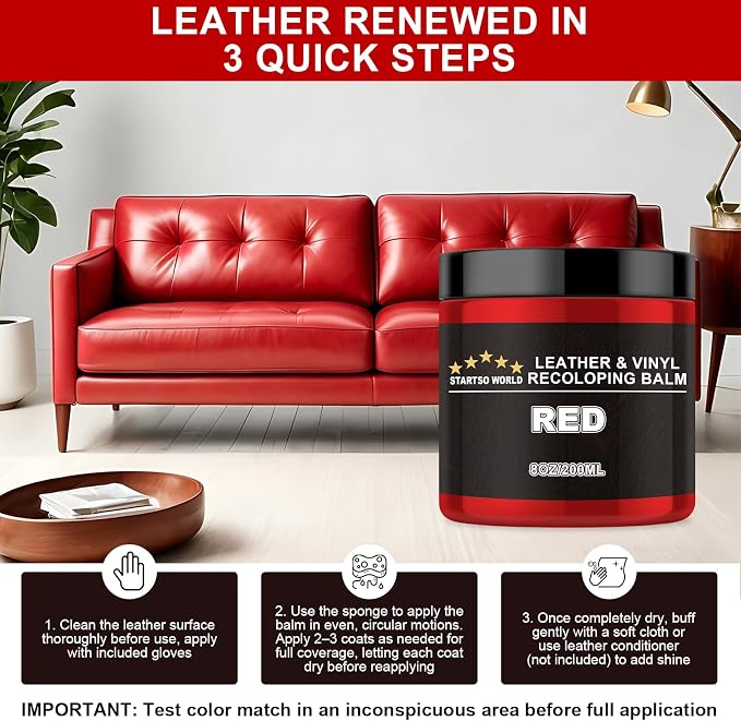 STARTSO WORLD Leather Recoloring Balm, Red Leather Repair Kit for Furniture, Leather Dye, Leather Color Restorer for Couches, Leather Couch Paint | Repair, Restore & Renew Old, Faded Leather