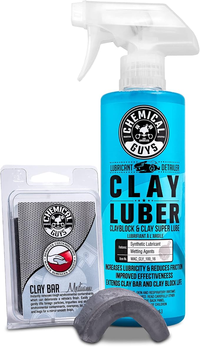 Chemical Guys Clay Bar Kit, Medium Duty with Luber Synthetic Lubricant – Removes Embedded Dirt, Restores Smooth Paint, Preps for Wax and Sealant - Safe for Cars, Trucks, SUVs, 16 oz, 2 Items