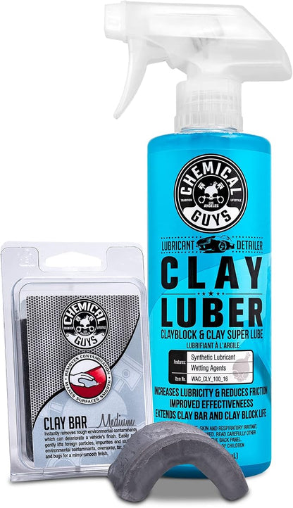 Chemical Guys Clay Bar Kit, Medium Duty with Luber Synthetic Lubricant – Removes Embedded Dirt, Restores Smooth Paint, Preps for Wax and Sealant - Safe for Cars, Trucks, SUVs, 16 oz, 2 Items