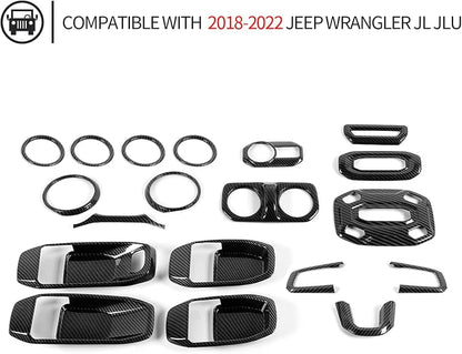21PCS Full Set Interior Trim Kit for 2018-2023 Jeep Wrangler JL JLU,Side Outlet Door Handle Bowl Roof Reading Light Cover Trim (Carbon Fiber)