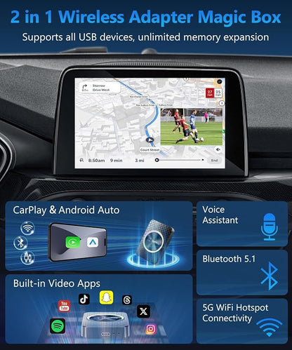 4GB+ 32GB Wireless CarPlay & Android Auto Adapter AI Box, Turn Car Screen into TV (Stream Netflix/YouTube), Plug & Play Magic Video Dongle, Support TF Card, Bluetooth 5.1 + WiFi Connectivity