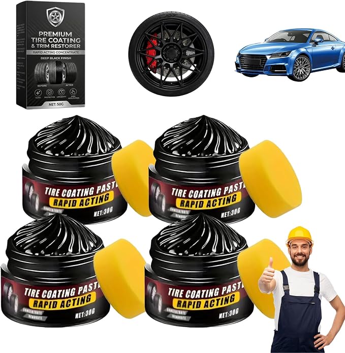 Premium Tire Coating & Trim Restorer, Tire Coating Paste Rapid Acting, Ceramic Tire Coating Bring Back Deep Black Shine to Rubber Plastic, Long-Lasting UV Protection (4PCS)