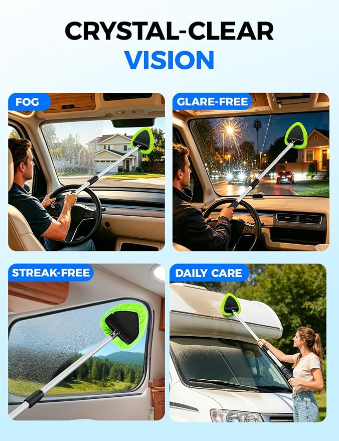 XINDELL 29-inch Windshield Cleaner Tool – Car Interior Window Cleaning Kit with Extended Long Handle & 4 Microfiber Pads, Auto Wiper Windshield Brush for Car, Trucks, SUVs, RVs & Home