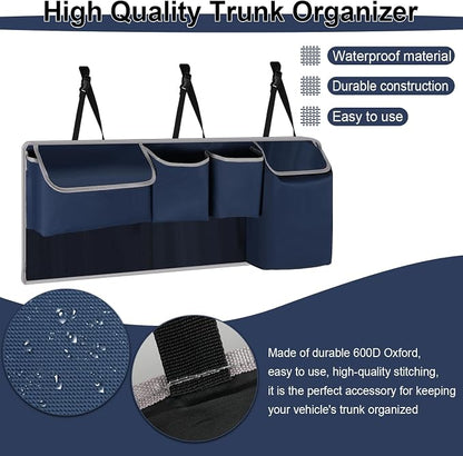 UYYE Trunk Hanging Organizer, Backseat Storage Bag, Collapsible Car Interior Accessories with 4 Pockets & 2 Mesh Pouches for Tools, Provide More Storage Trunk Space for SUV, Jeep, MPVs (Drak Blue)