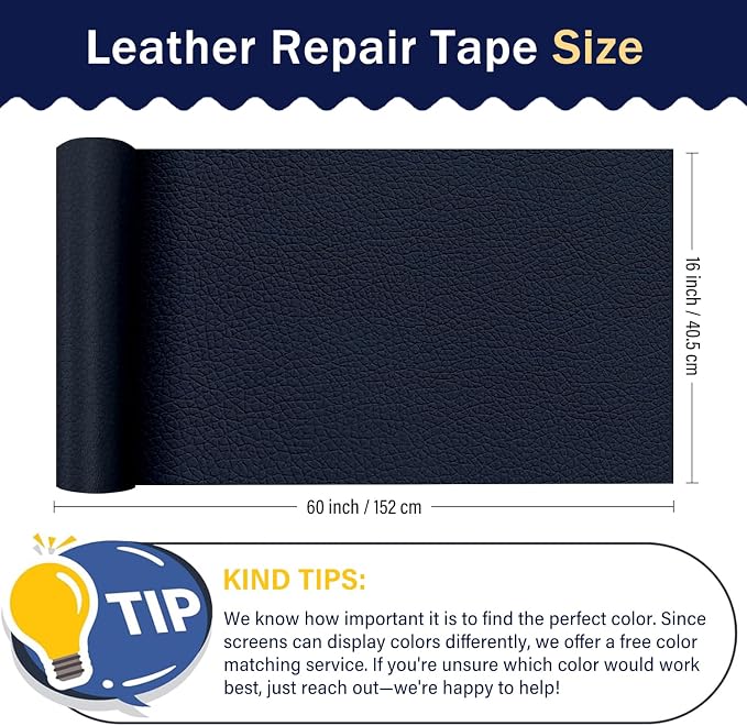 Zenyao Leather Repair Patch Tape - Self Adhesive Leather Repair Kit for Car Seat Furniture, Heavy Duty Vinyl Repair Patch for Couch Sofa, Waterproof Fix for Tears, 16x60 Inch Roll, Navy Blue