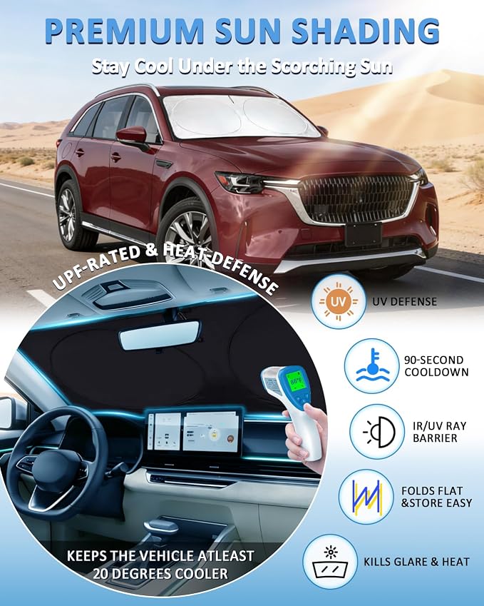 Windshield Sun Shade for 2024 2025 2026 Mazda CX-90 CX90 PHEV, Custom-Fit CX90 Sun Visor Protector, 99% UV Block Heat Sun Shield, Silver Reflective Front Window Sunshade