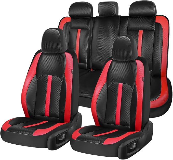 Coverado Leather Car Seat Covers Full Set & Carbon Fiber, Waterproof and Durable All Weather Protector, Universal Fit for SUV, Pickup Truck, Sedan, Automotive Vehicle Interior, Black&Red