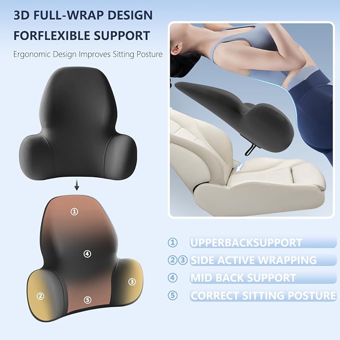 BABUR Wide Memory Foam Lumbar Support Pillow for Car Seat, Office Chair, Couch & Sofa - Ergonomic Back Cushion with Machine Washable Removable Cover, Lower Back Relief, Black