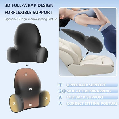 BABUR Wide Memory Foam Lumbar Support Pillow for Car Seat, Office Chair, Couch & Sofa - Ergonomic Back Cushion with Machine Washable Removable Cover, Lower Back Relief, Black