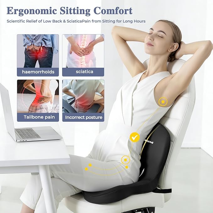 Memory Foam Seat Cushion for Sciatica & Back Pain Relief - Ergonomic Chair Pad with Adjustable Strap & Supportive Comfort Cover, Non-Slip for Car, Truck, Office Chair -Black