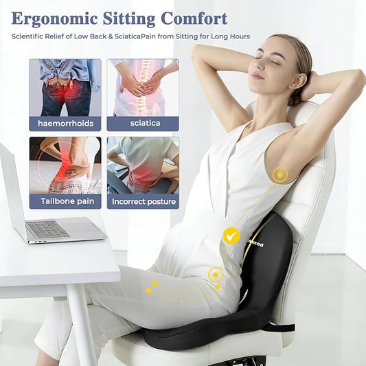 Memory Foam Seat Cushion for Sciatica & Back Pain Relief - Ergonomic Chair Pad with Adjustable Strap & Supportive Comfort Cover, Non-Slip for Car, Truck, Office Chair -Black