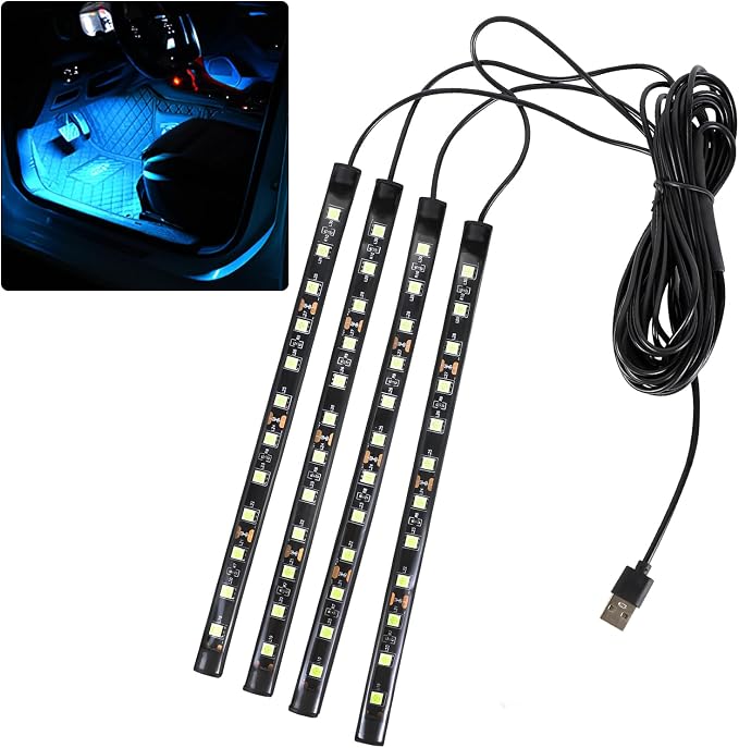 Car LED Strip Light, 12V 48 LED Interior Atmosphere Lights Under Dash Ambient Night Light, Universal Auto Interior Decorative Lamp with USB Port, Truck SUV Car Accessories (Ice Blue, USB)