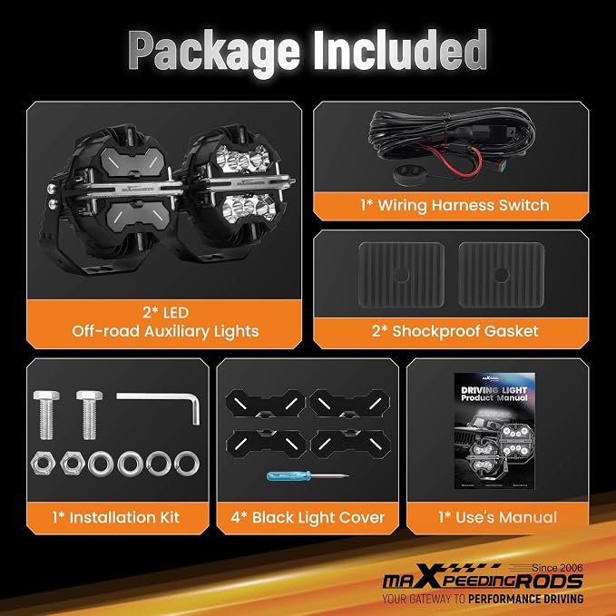 maXpeedingrods 2 Pack 7" 252W LED Off Road Lights with Amber/White DRL, LED Light Bar 270°Side Shooter Fog Lights for Trucks SUV Pickup ATV Motorcycles, with 4 Black Light Covers, Round