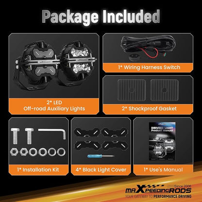 maXpeedingrods 2 Pack 7" 252W LED Off Road Lights with Amber/White DRL, LED Light Bar 270°Side Shooter Fog Lights for Trucks SUV Pickup ATV Motorcycles, with 4 Black Light Covers, Round