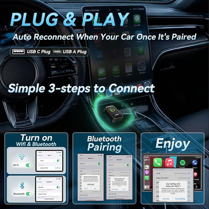 Mini Wireless CarPlay Adapter for Apple iPhone iOS 10+,No Delay & Fast, Plug & Play, Multi-User Seamless Connection for Convert Wired to Wireless Carplay Dongle for 2016+ Cars, USB-A/Type-C Port