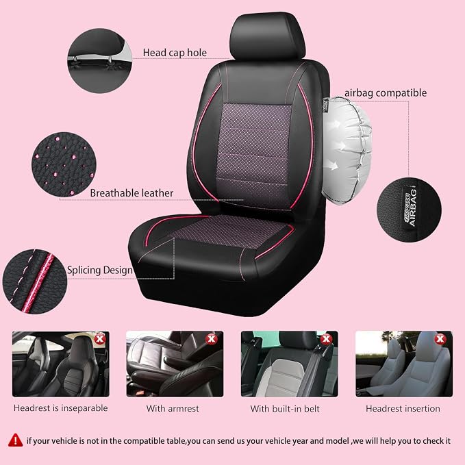 CAR PASS Piping PU Leather Car Seat Cover Full Set,Inside Zipper Design and Reserved Opening Holes，Airbag Compatible,Universal FIT for Car, SUVs,Van,Trucks（Full Set, Black & Pink）