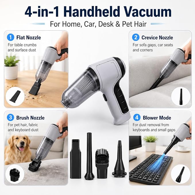 Cordless Handheld Vacuum Cleaner, Portable Rechargeable Mini Vacuum, Powerful Suction Hand Held Vacuum for Car Home Office Pet Hair Dust Cleaning
