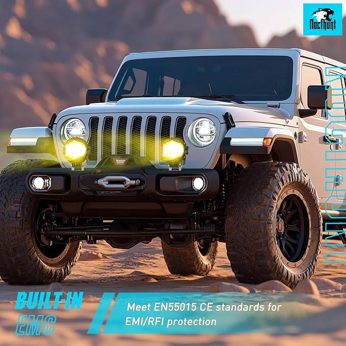 Nilight 7 Inch LED Offroad Driving Lights High Low Beam 2 PCS 80W Round Amber Light Side Shooter Spot Flood Fog Light Pod w/ 16 AWG DT Connector Wiring Harness Kit for Jeep Truck ATV UTV SUV