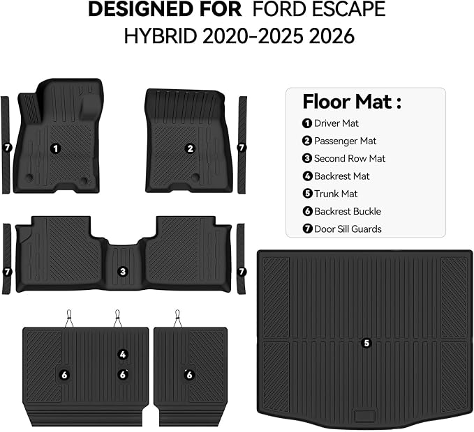Floor Mats for Ford Escape Hybrid 2020-2025 2026, Trunk Mat and Backrest Mat & Door Sill Guard All Weather TPE Protector for Ford Escape Floor Liner Accessories