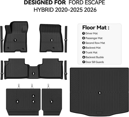 Floor Mats for Ford Escape Hybrid 2020-2025 2026, Trunk Mat and Backrest Mat & Door Sill Guard All Weather TPE Protector for Ford Escape Floor Liner Accessories