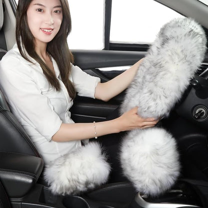 Fuzzy Genuine Sheepskin Steering Wheel Cover Set for Women Parents-Fluffy Soft Australian Merino Wool Fur Wrap with Gear Shift and Hand Brake Covers, Cozy Stylish Luxury Car Accessories (Wolf Tipped)
