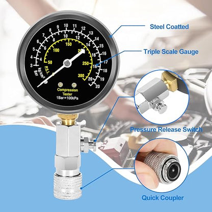 BETOOLL 9pcs Petrol Engine Cylinder Compression Tester Kit with Spark Plug Gap Tool 32 Blades Steel Feeler Gauge 300PSI Engine Cylinder Compression Gauge Automotive Tool