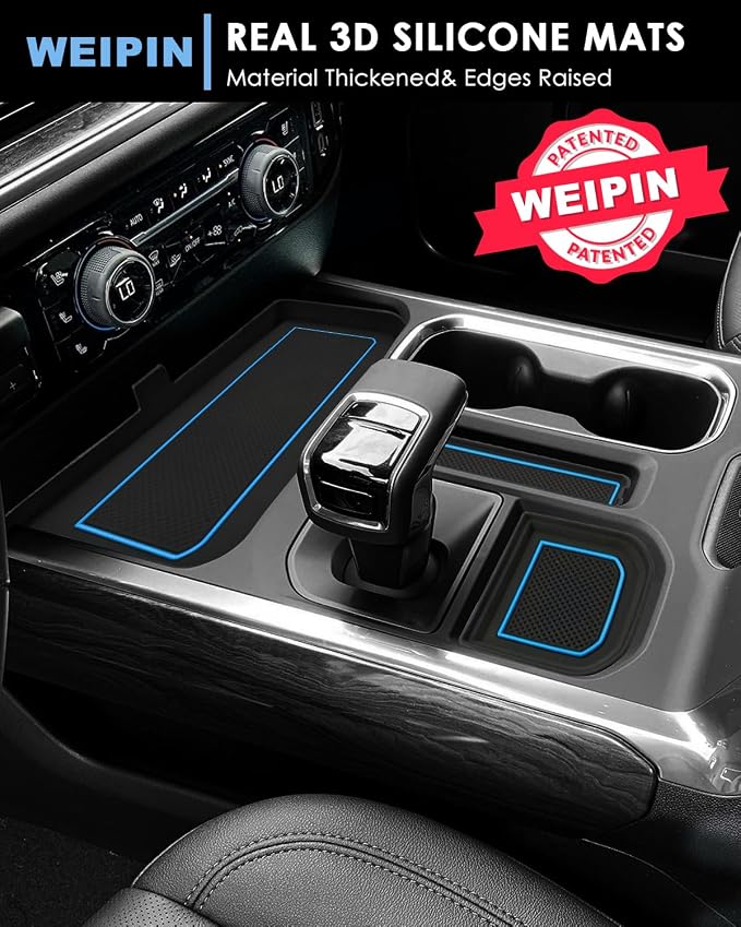 for 6PCS Refreshed Models 2022-2026 Silverado/Sierra 1500 & 2024-2026 Sierra 2500 3500 Console Liners-[3D High-Edge Liquid Silicone] Cup Holder Mats, Full Console w/Bucket Seats ONLY - Blue