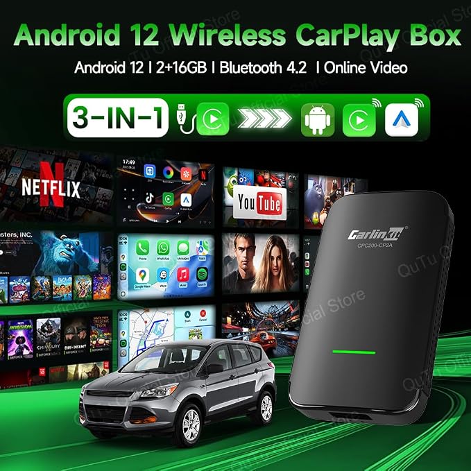 CarlinKit Wireless CarPlay Adapter CPC200-CP2A PRO: Wired CarPlay to Wireless CarPlay/Android Auto Upgrade & Android 12.0 System Unlock The, Built-in Net-Flix/You-Tube/TIK-Tok(Black)