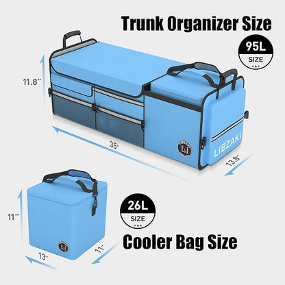 LIBZAKI Oversize 4 in 1 Car Trunk Storage Organizer, Multi Compartment Collapsible Trunk Storage Box with Cooler Bag for Car Truck SUV-Light Blue